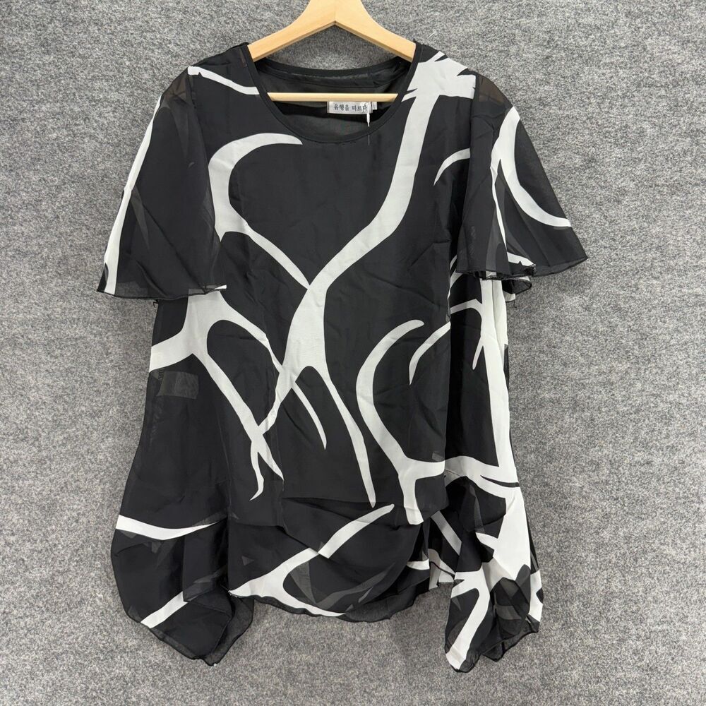 New Unbranded Blouse Women 2XL Black Geometric Short Sleeve Round Neck Casual